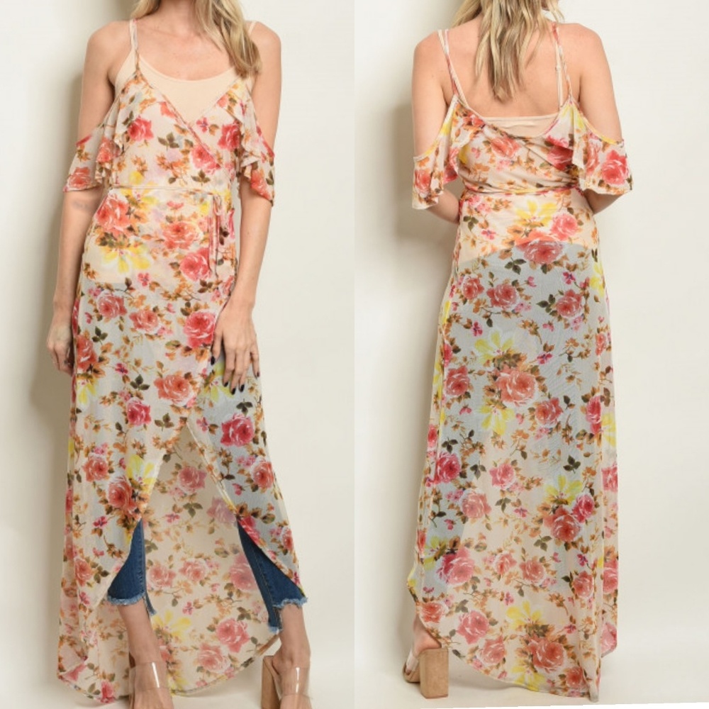SALE ♡Floral Cold Shoulders Maxi Duster Dress cover up sheer boho fairy flowers - Picture 1 of 7